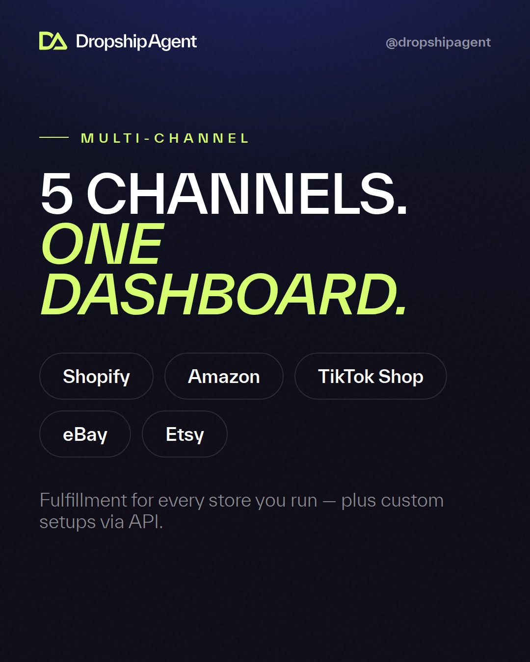 DropshipAgent branded social post - 5 channels, one dashboard